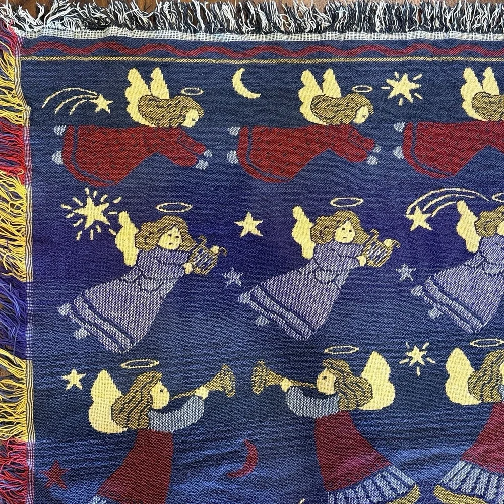 VTG Angel Celestial Tapestry Throw Blanket 47x57 Blue Woven Fringe Christmas